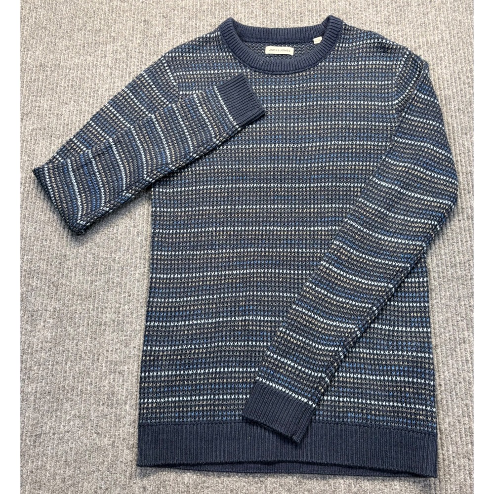 Jack & Jones Mens JJFLOW Knit Crew Neck Sweater Navy Blue Grey Stripe Size M